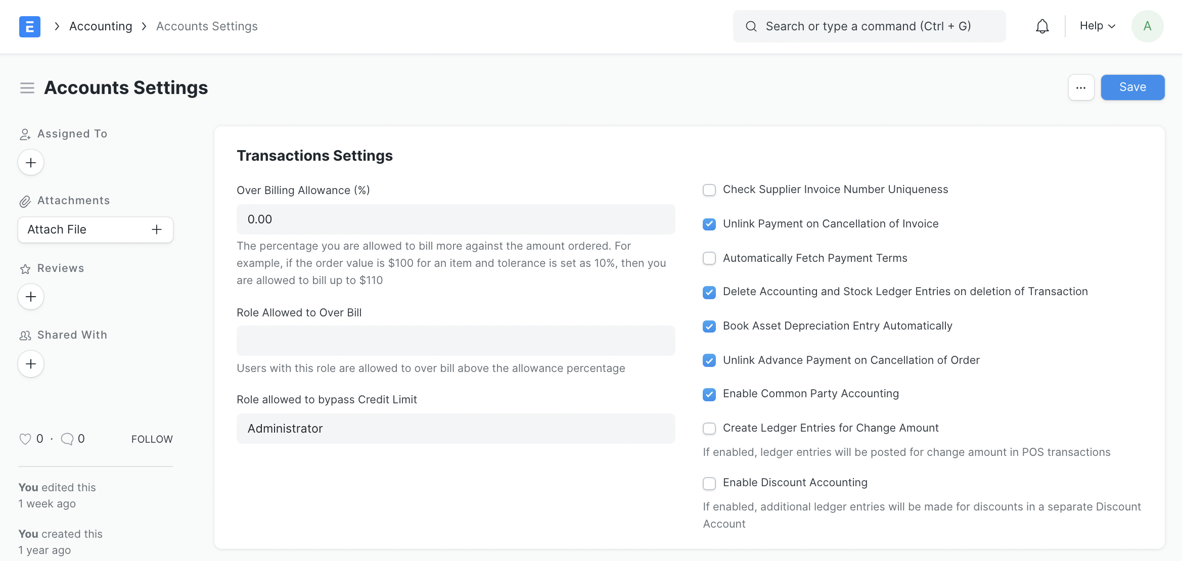 Transactions Settings